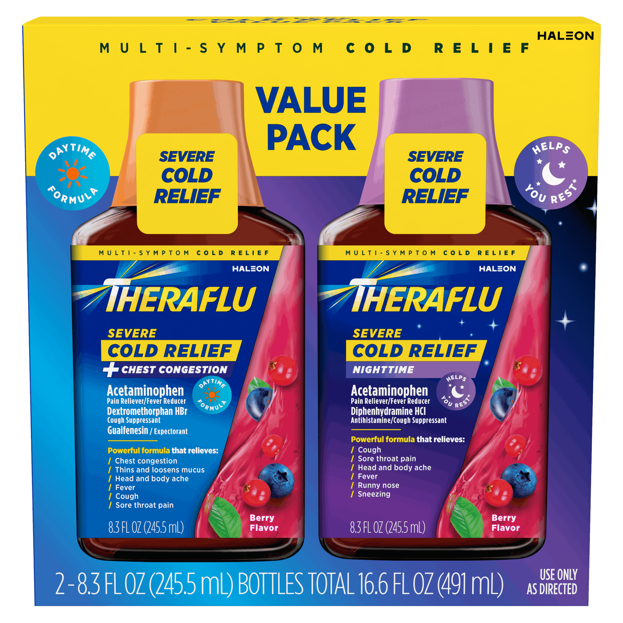 Image of Combo Daytime/Nighttime Severe Cold Relief Berry Burst Flavor Syrup Packaging. 