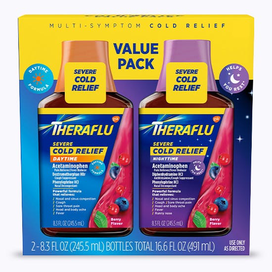 Image of Combo Daytime/Nighttime Severe Cold Relief Berry Burst Flavor Syrup Packaging. 