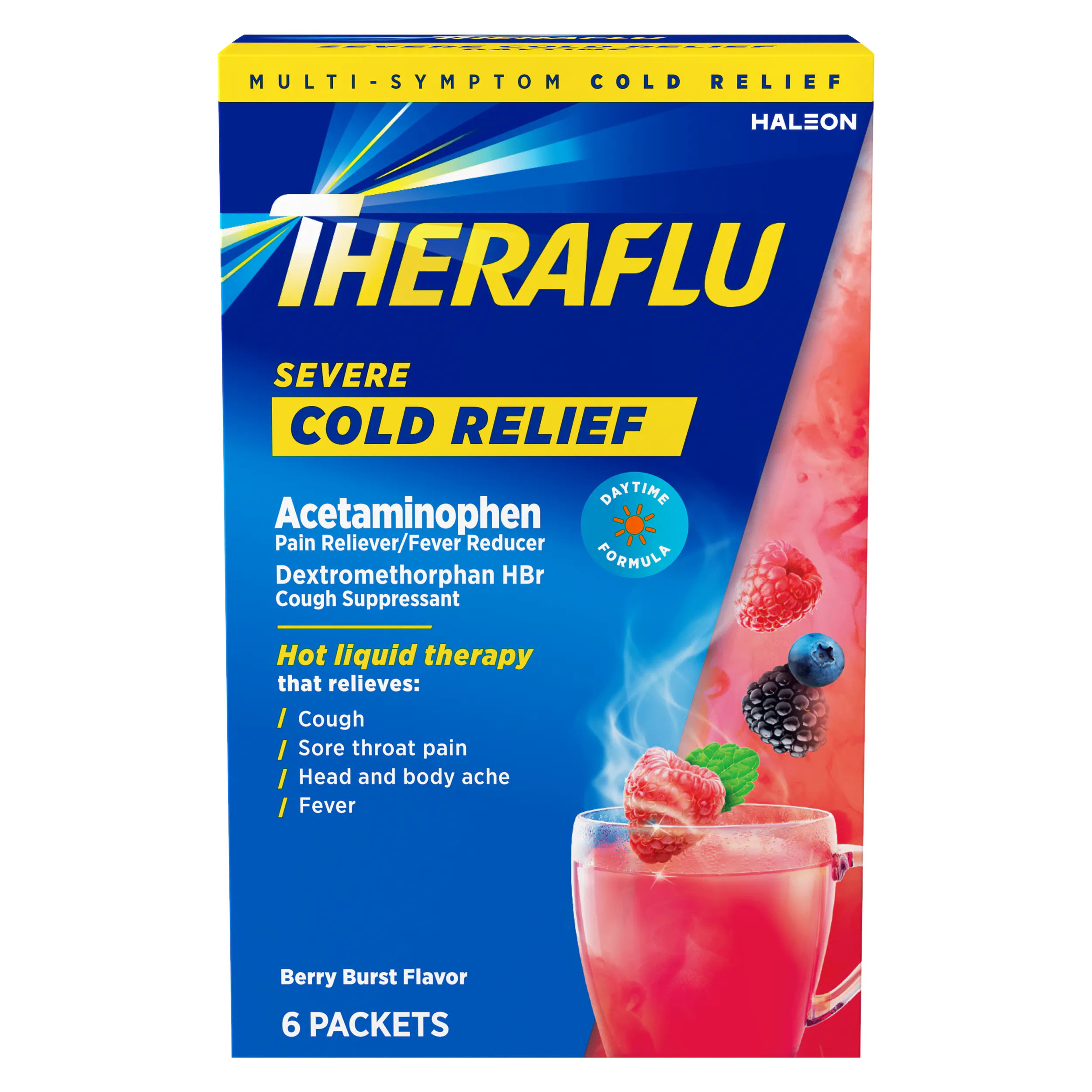Image of Daytime Severe Cold Relief Berry Burst Flavor Hot Liquid Powder packaging.