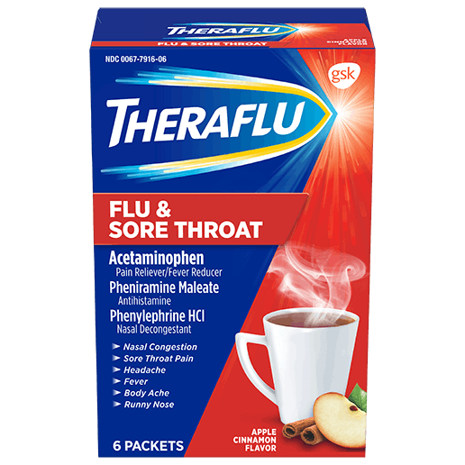 Box of Theraflu Flu & Sore Throat Hot Liquid Powder