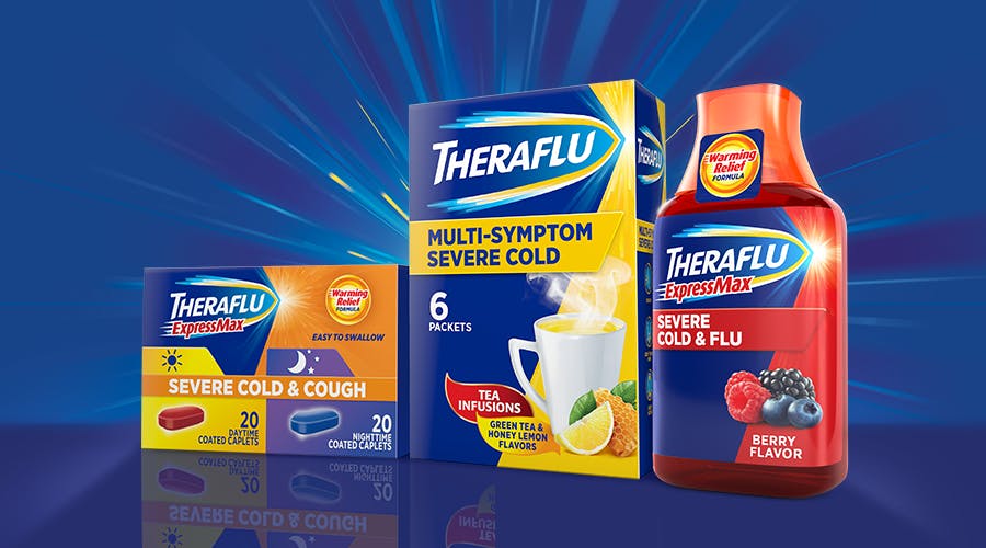 Theraflu products against a blue background