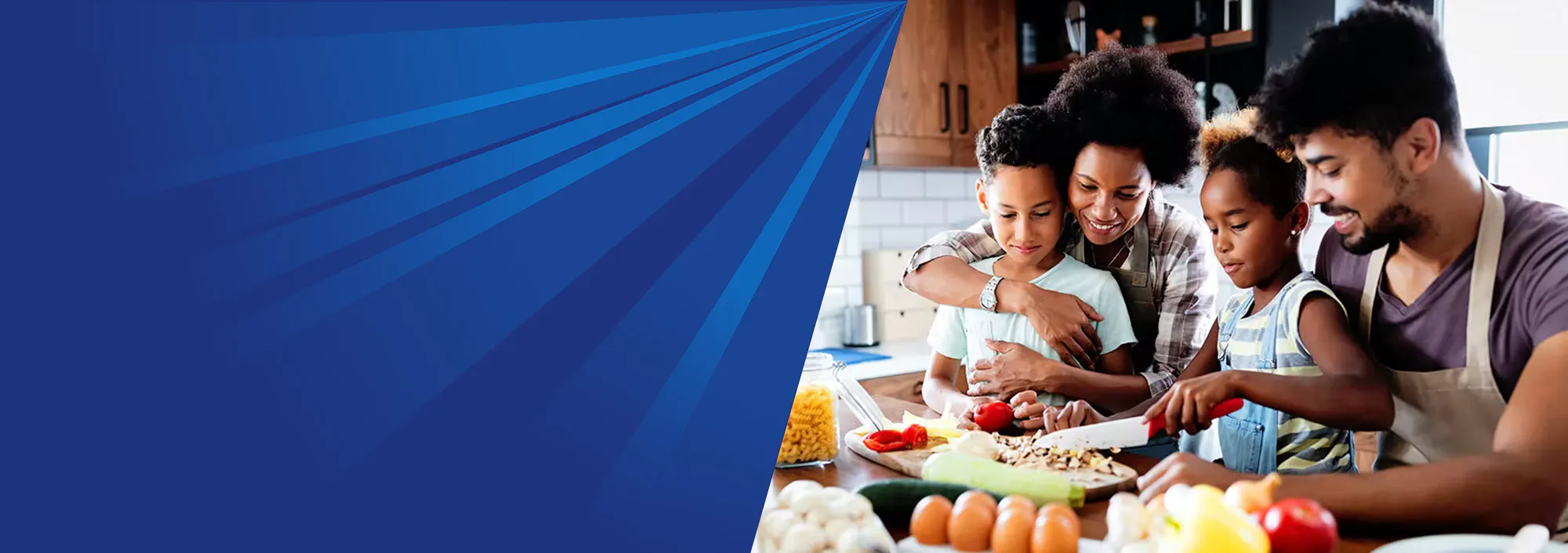 A family is cooking a healthy breakfast together.