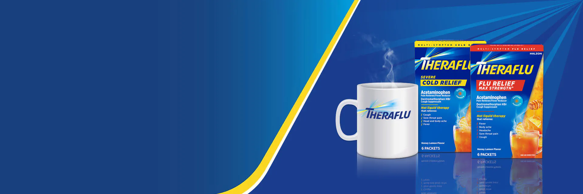 Mug with Theraflu logo, box of Theraflu hot liquid powder, slices of fruit on blue background
