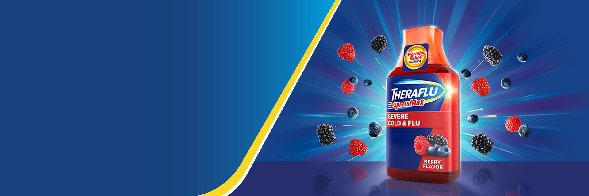 Bottle of Theraflu syrup and berries on blue background