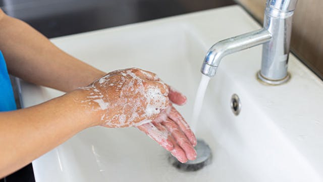 Person washing hands with soap and water under a faucet