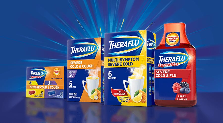 Theraflu products against blue background