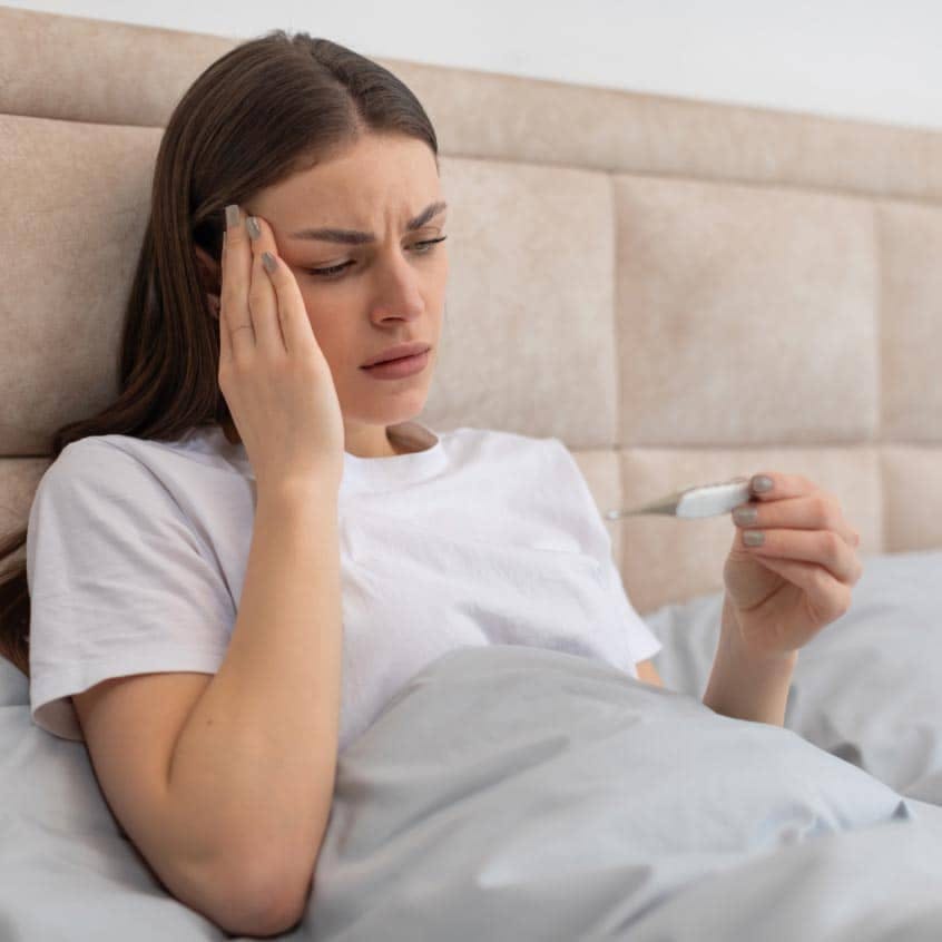 Woman sneezing into tissue