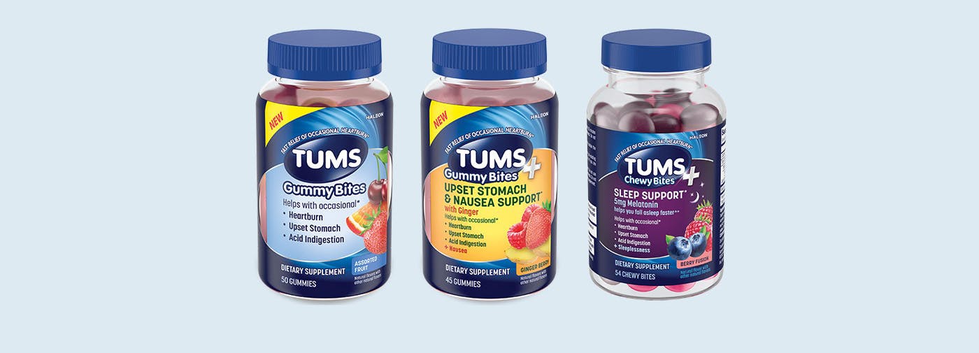 TUMS Gummy Bites Assorted Fruit product, TUMS+ Upset Stomach Nausea Support* Ginger Berry product, and TUMS+ Sleep Support* Berry Fusion product