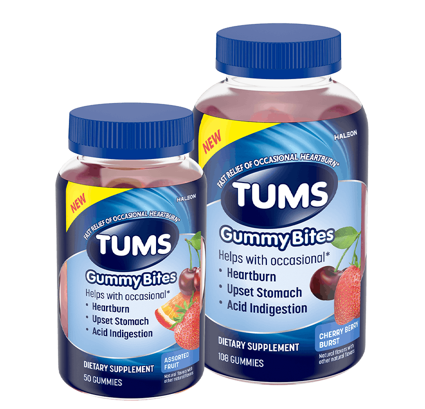 TUMS Gummy Bites Assorted Fruit and Cherry Berry Burst products