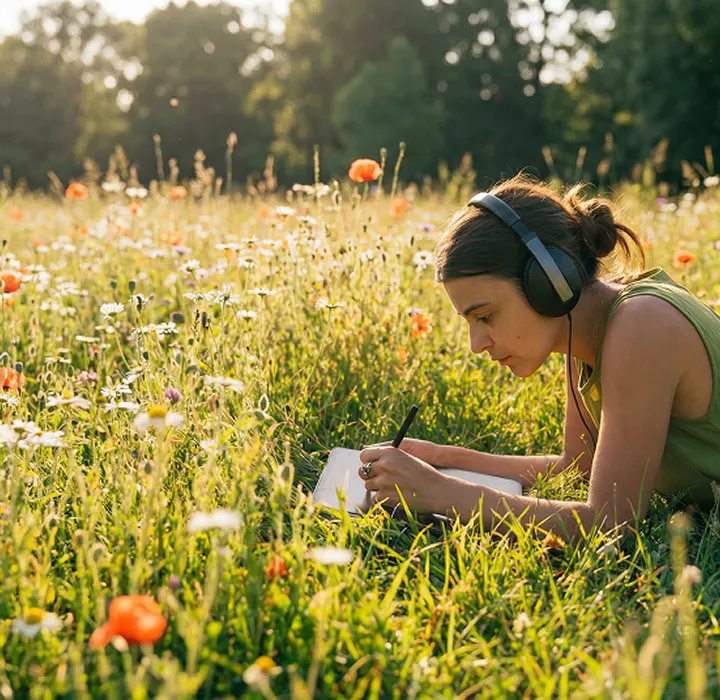 Person mit Kopfhörern sitzt auf einer blühenden Wiese und beschäftigt sich mit einem Notizbuch.