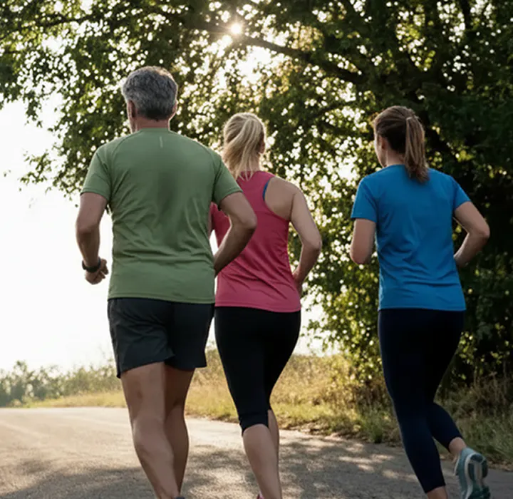 Drei Personen beim Joggen auf einem sonnigen Waldweg