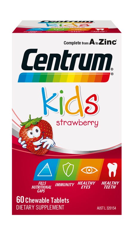 Box of Centrum Kids Strawberry Chewable Supplements (60 tablets).
