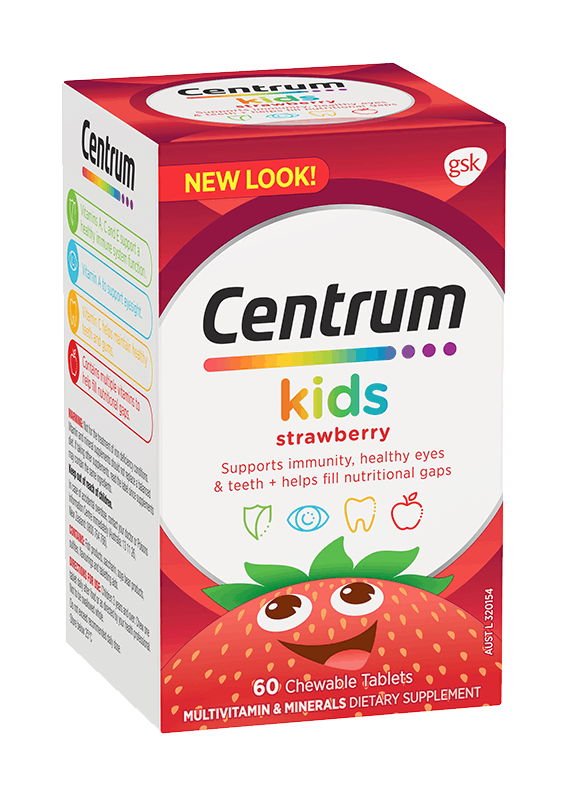 Box of Centrum Kids Strawberry Chewable Supplements (60 tablets).
