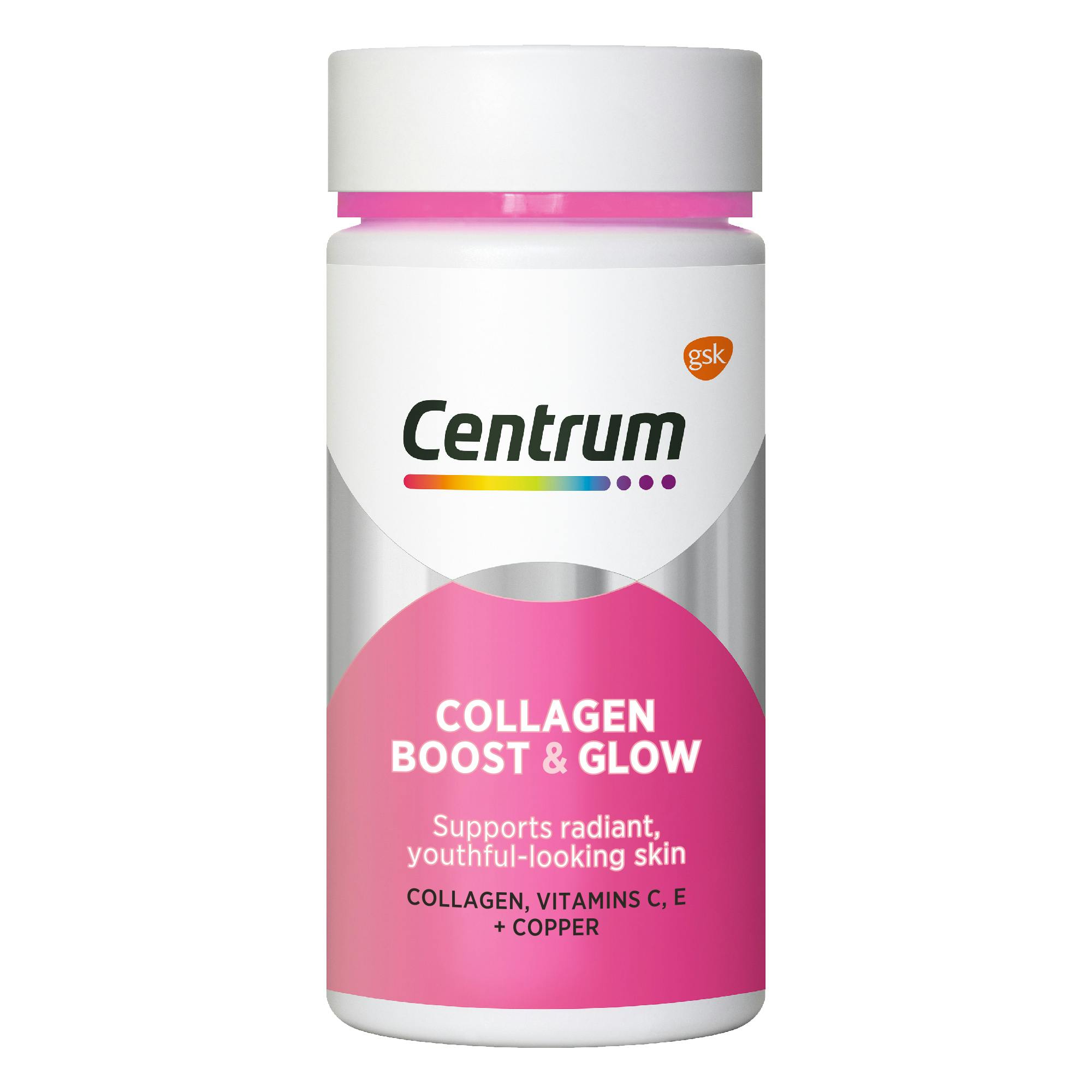 Bottle of Collagen Boost & Glow from the Centrum Benefits Blend (50 tablets).