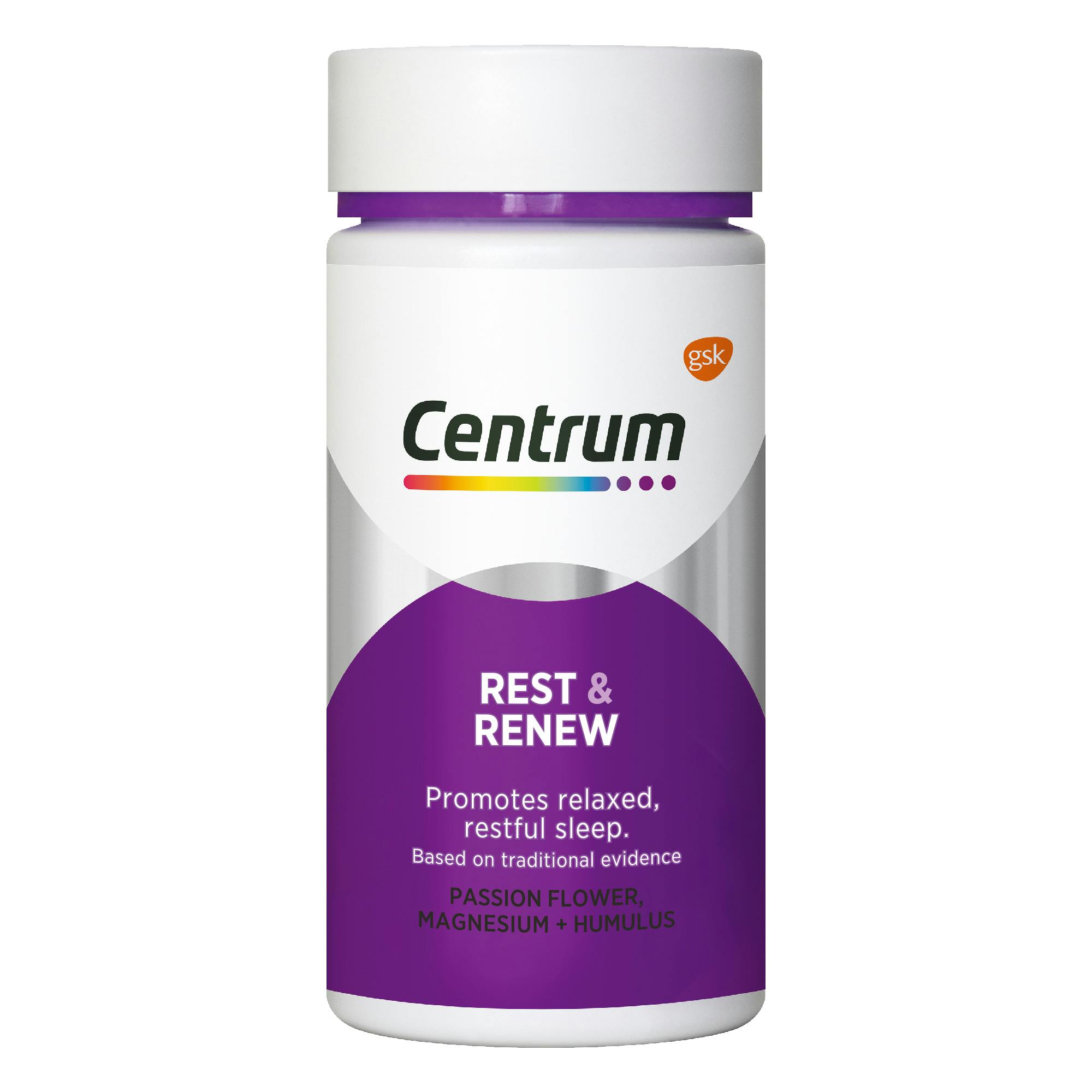 Bottle of Rest & Renew from the Centrum Benefits Blend (50 capsules).