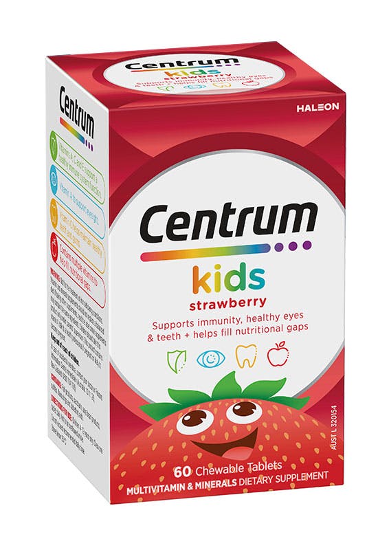 Box of Centrum Kids Strawberry Chewable Supplements (60 tablets).