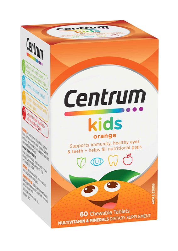 Box of Centrum Kids Orange Chewable Supplements (60 tablets).