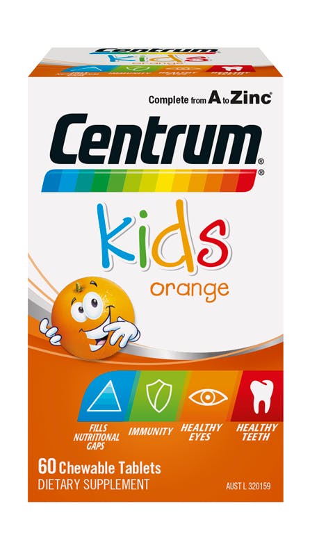 Box of Centrum Kids Orange Chewable Supplements (60 tablets).