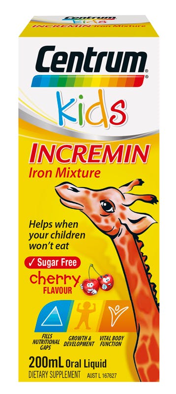 Box of Centrum Kids Cherry Flavour Incremin Iron Mixture (100mL).