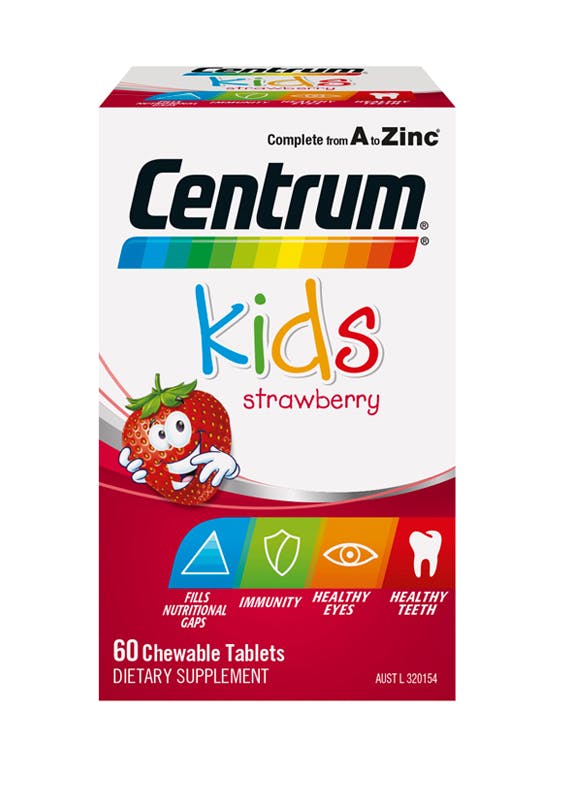 Box of Centrum Kids Strawberry Chewable Supplements (60 tablets).