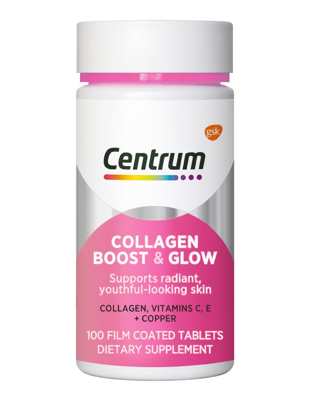 Box of Centrum Adult multivitaminsBottle of Collagen Boost & Glow from the Centrum Benefits Blend (50 tablets).