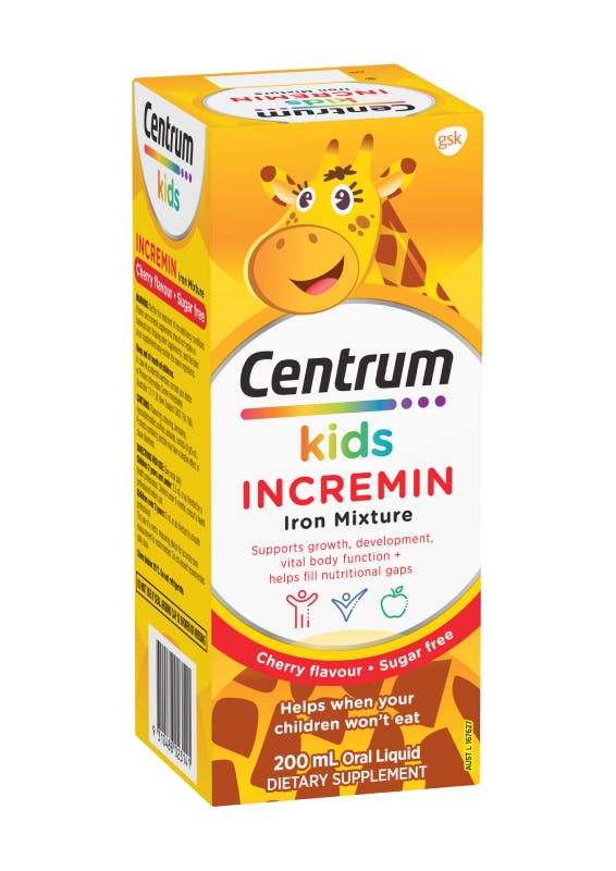 Box of Centrum Kids Cherry Flavour Incremin Iron Mixture (200mL).