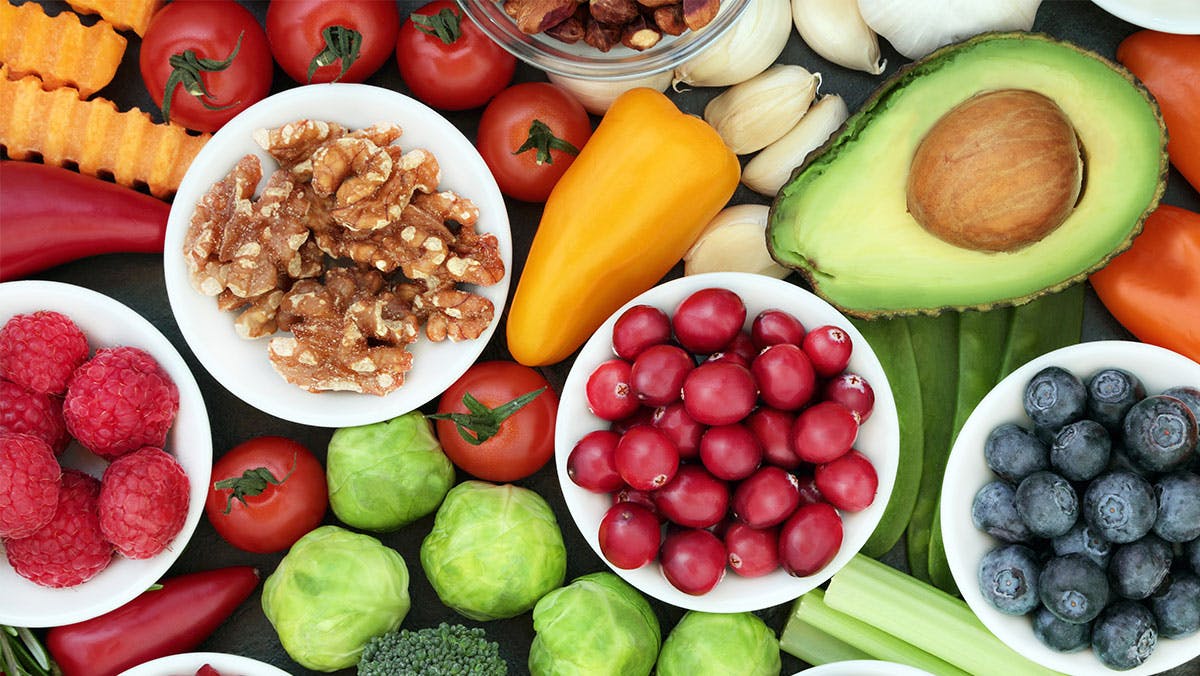 Variety of colorful fruits and vegetables