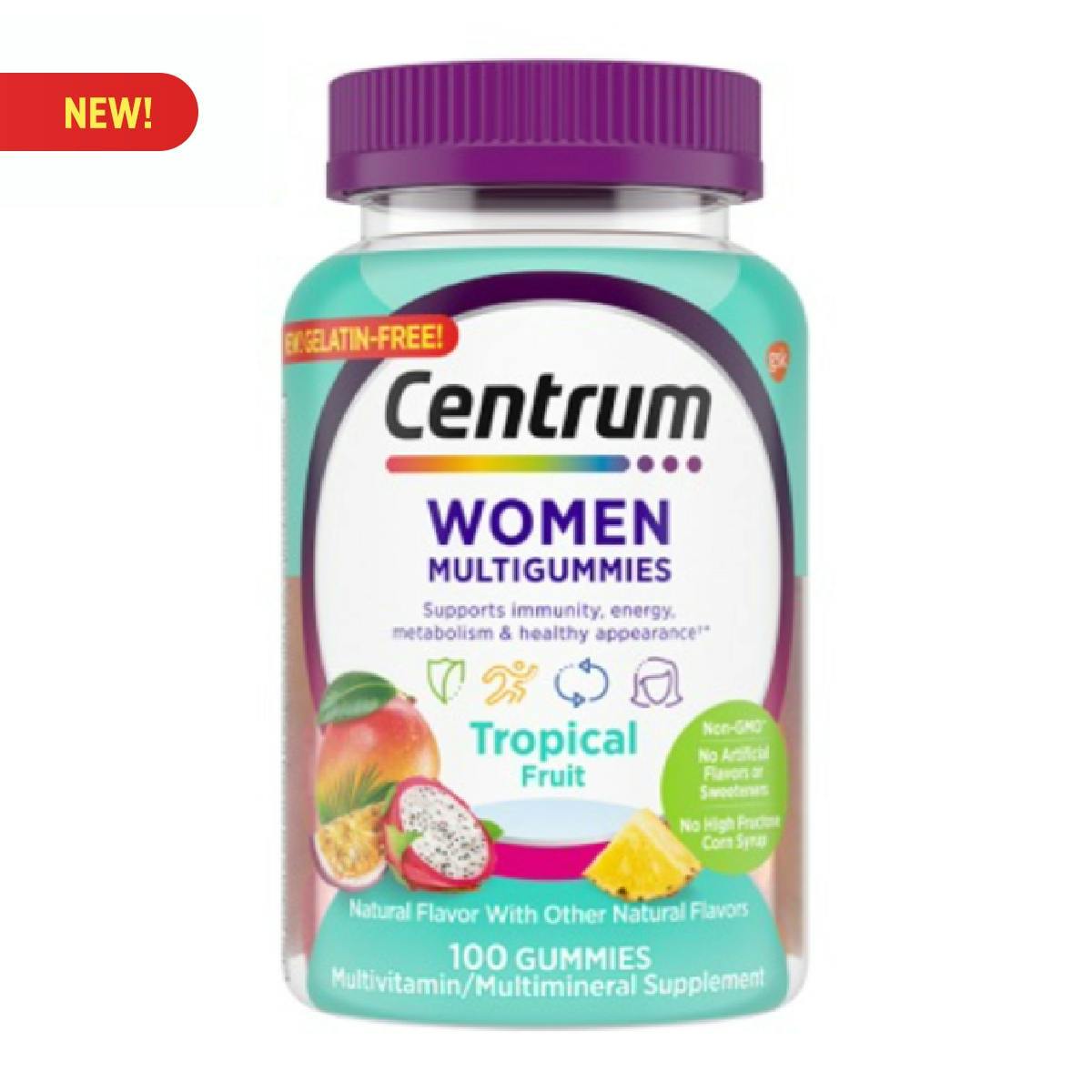 Bottle of Centrum Women MultiGummies in Tropical Fruit Flavors