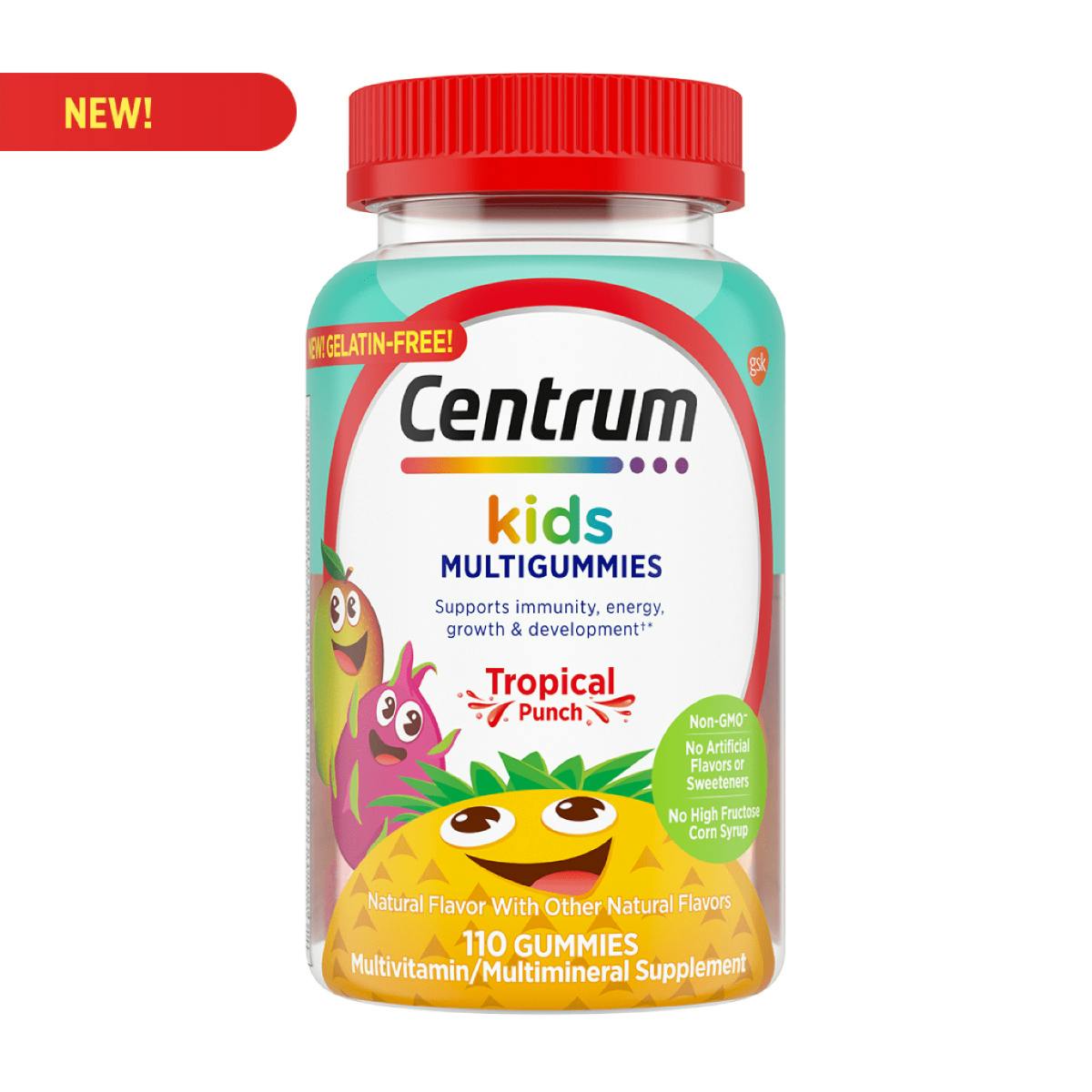 Bottle of Centrum Kids MultiGummies in Tropical Punch Flavors