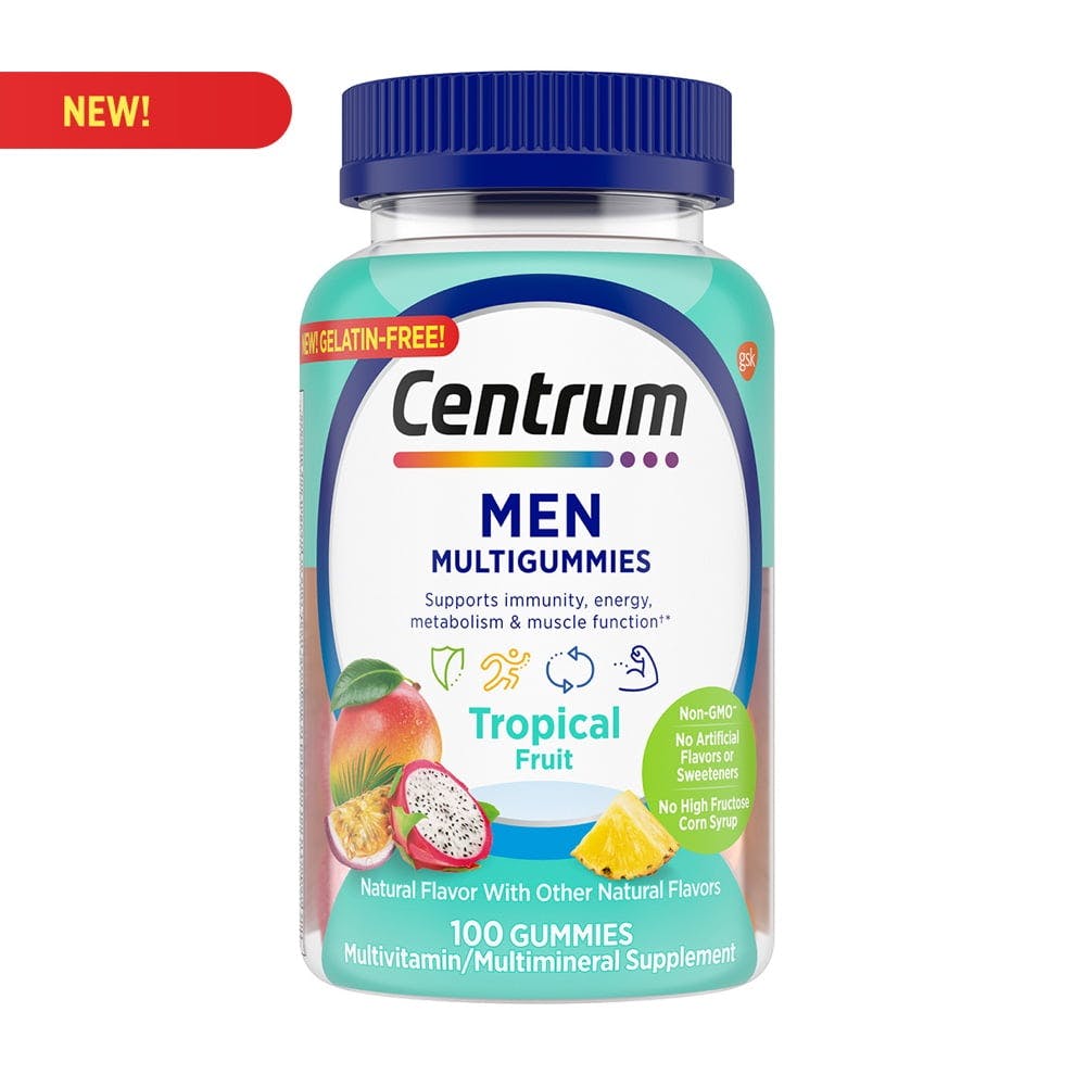 Bottle of Centrum Men MultiGummies in Tropical Fruit flavors