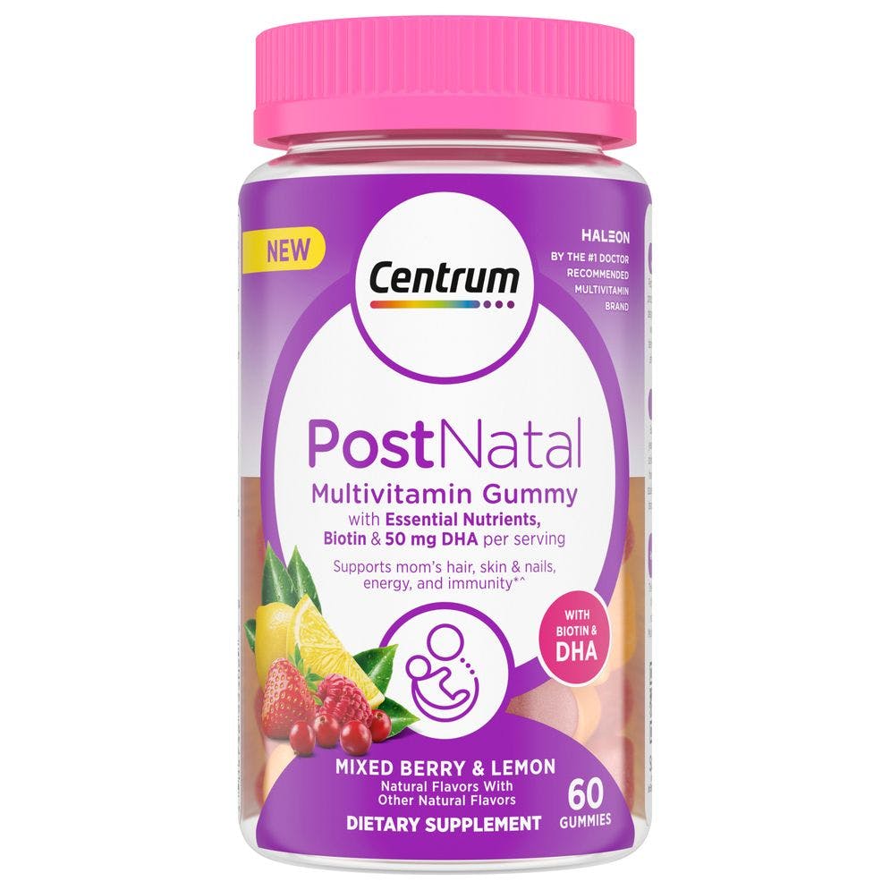 Bottle of Centrum Maternal Health PostNatal Multivitamin Gummies