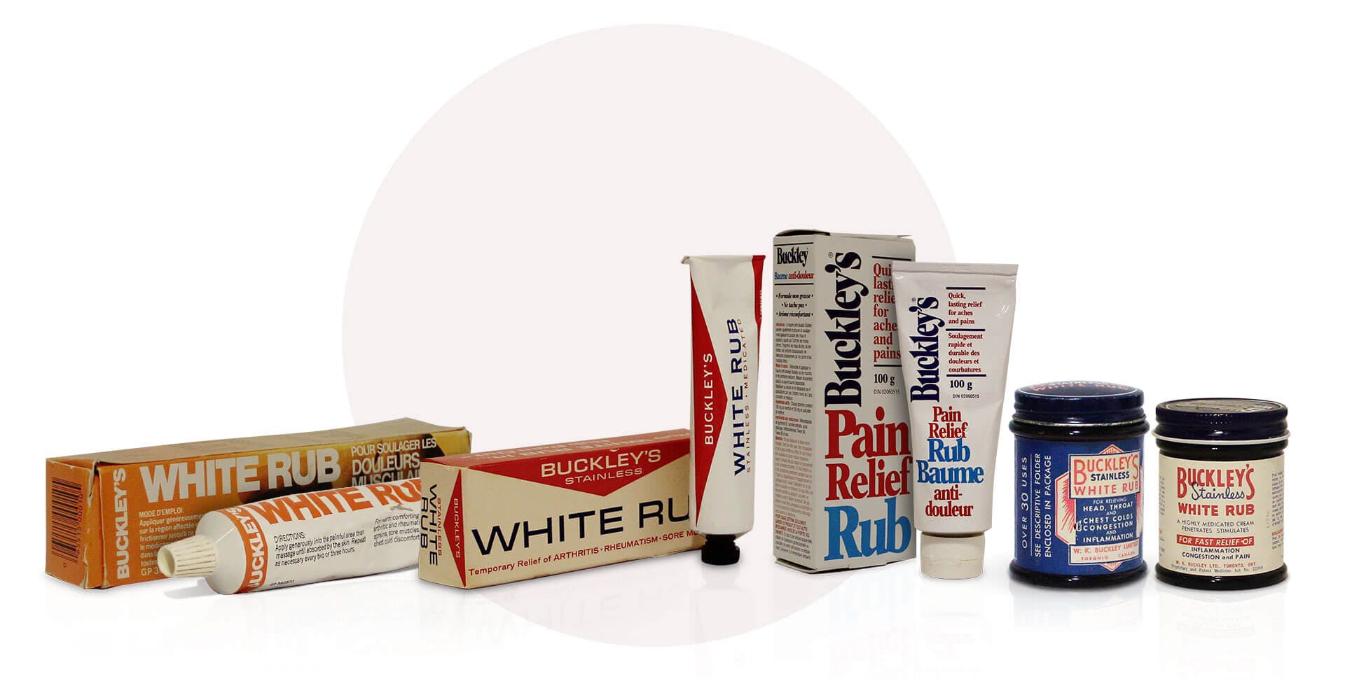 Vintage packages of Buckley's Rubs