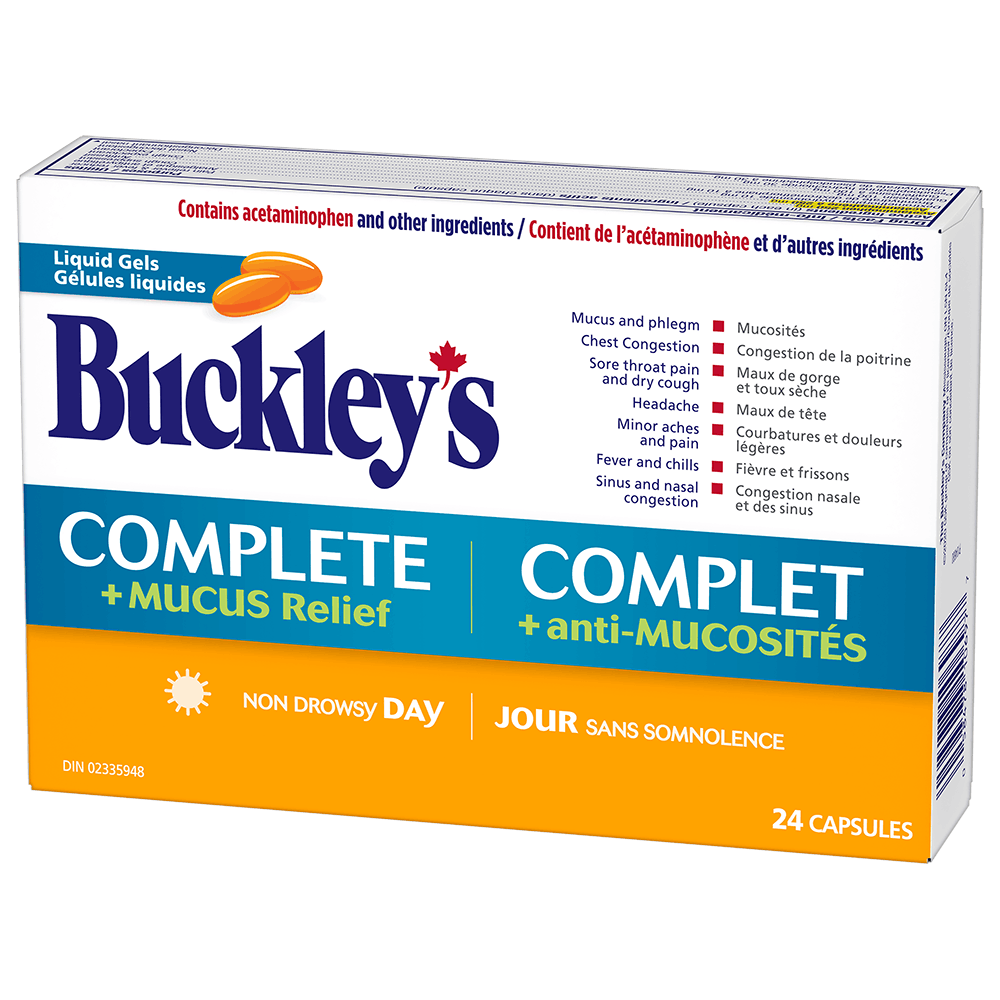 Box of Buckley's Complete + Mucus Liquid Gels- DaytimeBoîte de Buckley Complet Gélules liquides plus Anti-Mucosités – Jour Boîte de Buckley Complet Gélules liquides plus Anti-Mucosités – Jour