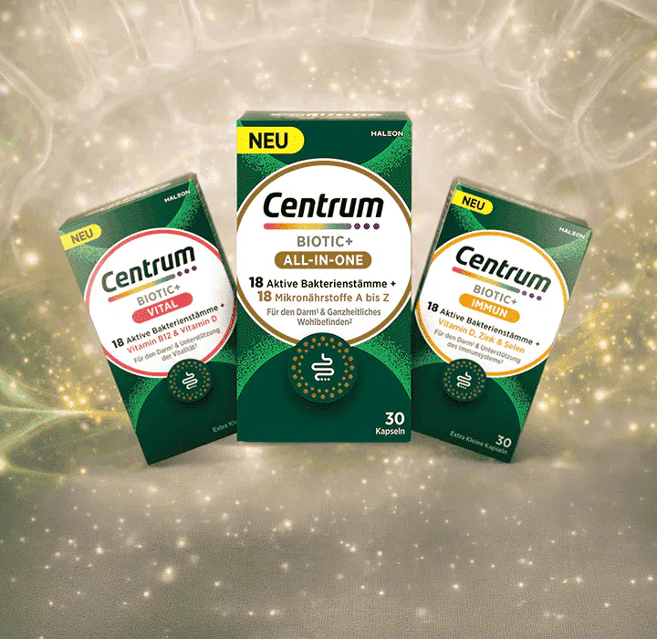 Centrum Biotic+ Produktreihe mit 18 aktiven Bakterienstämmen, Vitaminen und Mineralstoffen zur Unterstützung von Darmgesundheit und Wohlbefinden