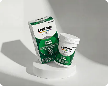 Centrum Vital+ Darm & Energie – Packung und Dose mit 18 aktiven Bakterienstämmen, Riboflavin, Vitamin D und Vitamin B12