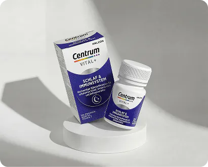 Centrum Vital+ Schlaf & Immunsystem – Packung und Flasche mit Melatonin, Zink und Vitamin C