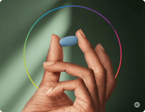 Hand hält eine Tablette von Centrum Von A bis Zink vor einem farbigen Kreis als Symbol für die ausgewogene Versorgung mit essenziellen Mikronährstoffen