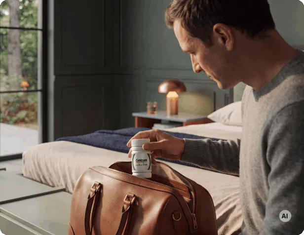 Person packt eine Dose Centrum Von A bis Zink in eine Sporttasche zur Unterstützung mit mit Vitaminen, Mineralstoffen und Spurenelementen