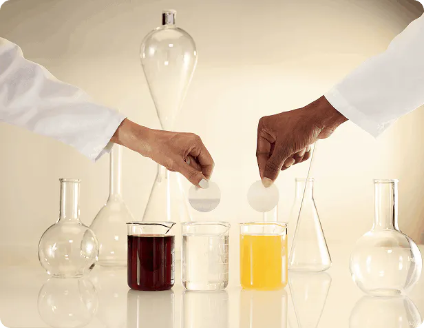 Laboranalyse mit Reagenzgläsern und Bechergläsern als Symbol für wissenschaftlich erforschte Nahrungsergänzungsmittel und Qualitätsprüfungen.