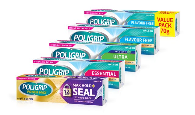 Poligrip denture adhesive product range 