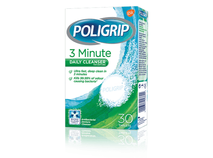 Poligrip three minute daily cleanser - 30 tablets pack shot