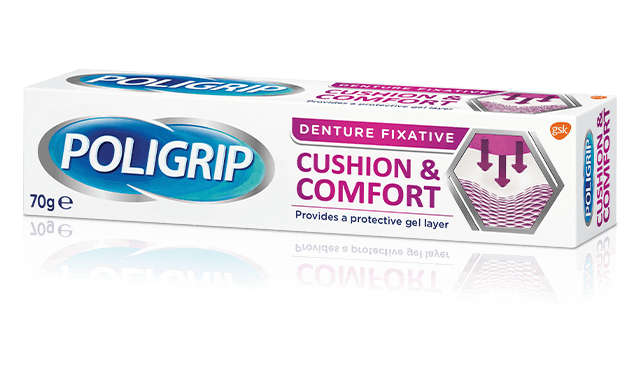 Poligrip cushion and comfort denture fixative pack shot  