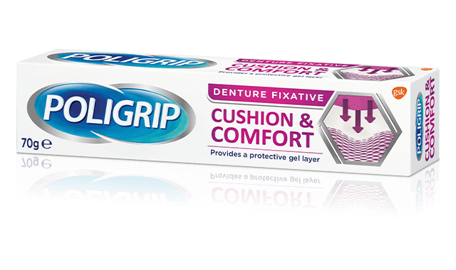 Poligrip cushion and comfort denture fixative pack shot