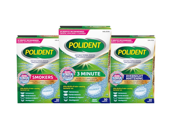 Suite of Polident Denture Cleanser products