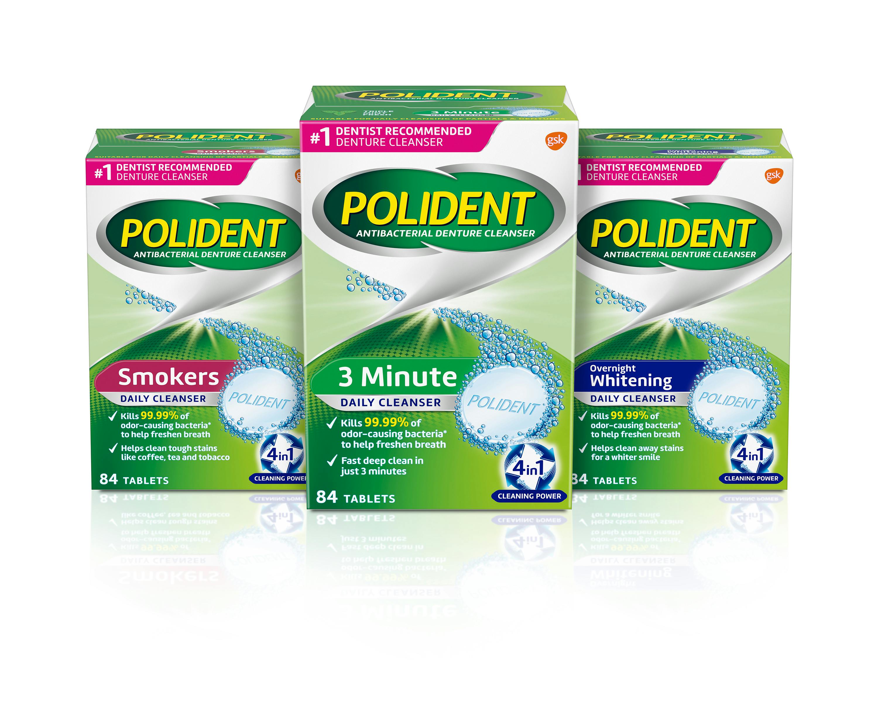 Suite of Polident Denture Cleanser products