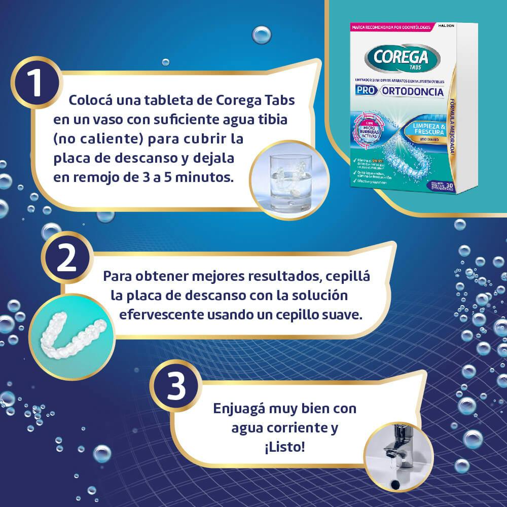 Instrucciones Corega Tabs para limpiar placa de descanso