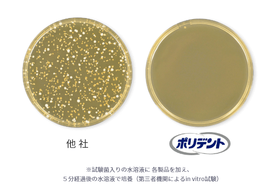 ポリデントと他社の除菌力の違いを実験したシャーレ―画像