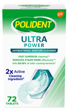 Polident Ultra power anti bacterial denture cleanser pack shot