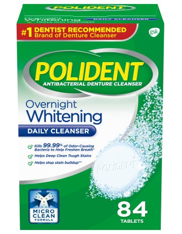 Polident overnight whitening daily cleanser pack shot