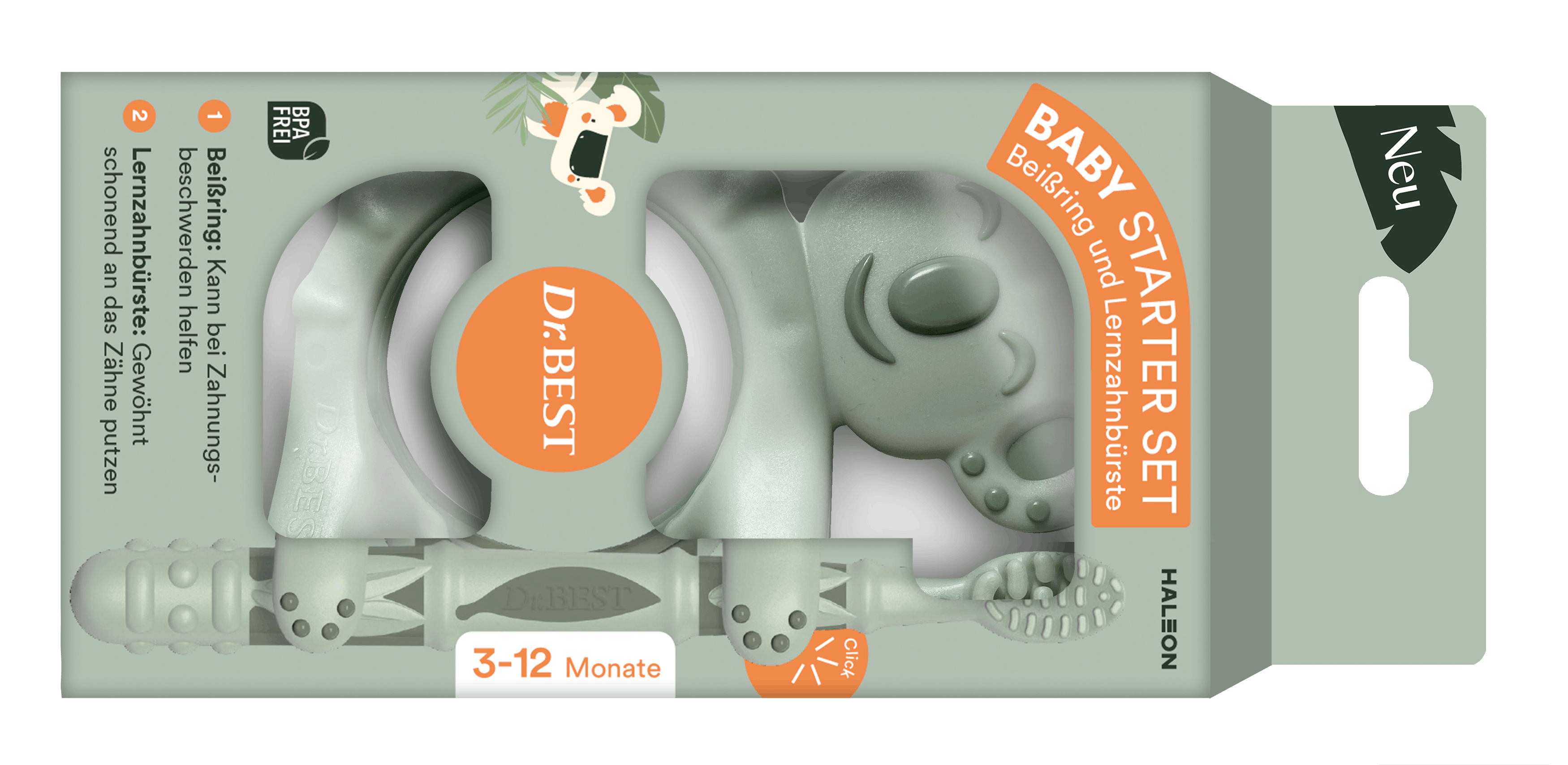 Verpackung des Dr.BEST Baby Starter Sets: Beißring und Lernzahnbürste für 3-12 Monate